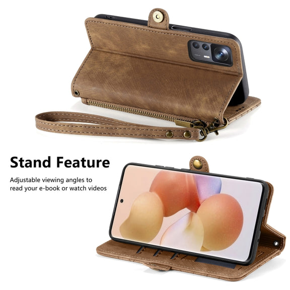 For Xiaomi 13 Pro Geometric Zipper Wallet Side Buckle Leather Phone Case(Brown)