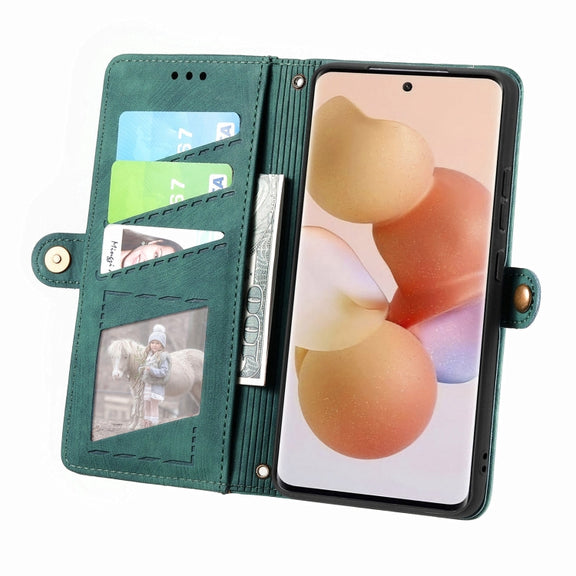 For Xiaomi 13 Lite Geometric Zipper Wallet Side Buckle Leather Phone Case(Green)