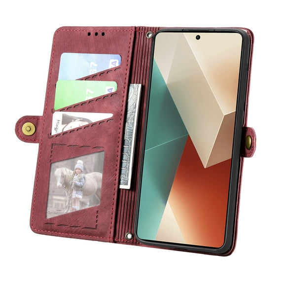 For Redmi Note 13 4G Geometric Zipper Wallet Side Buckle Leather Phone Case(Red)