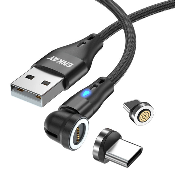 ENKAY 3A USB to Type-C / 8 Pin Magnetic 540 Degrees Rotating Fast Charging Cable, Length:1m(Black)