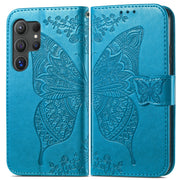 For Samsung Galaxy S24 Ultra 5G Butterfly Love Flower Embossed Leather Phone Case(Blue)
