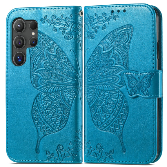 For Samsung Galaxy S24 Ultra 5G Butterfly Love Flower Embossed Leather Phone Case(Blue)