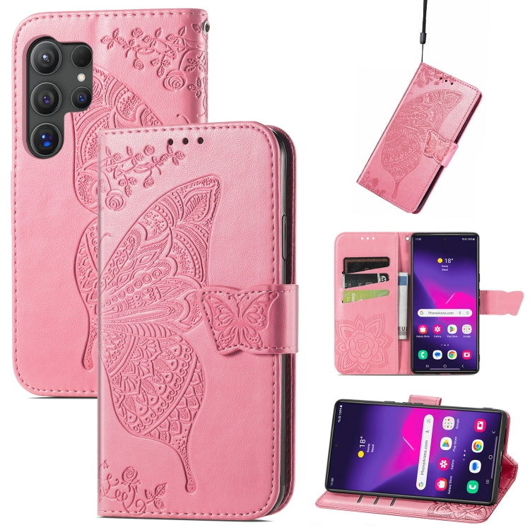 For Samsung Galaxy S24 Ultra 5G Butterfly Love Flower Embossed Leather Phone Case(Pink)