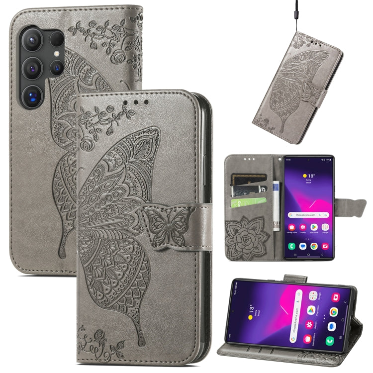 For Samsung Galaxy S24 Ultra 5G Butterfly Love Flower Embossed Leather Phone Case(Gray)