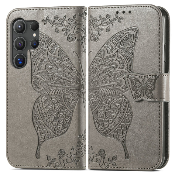 For Samsung Galaxy S24 Ultra 5G Butterfly Love Flower Embossed Leather Phone Case(Gray)