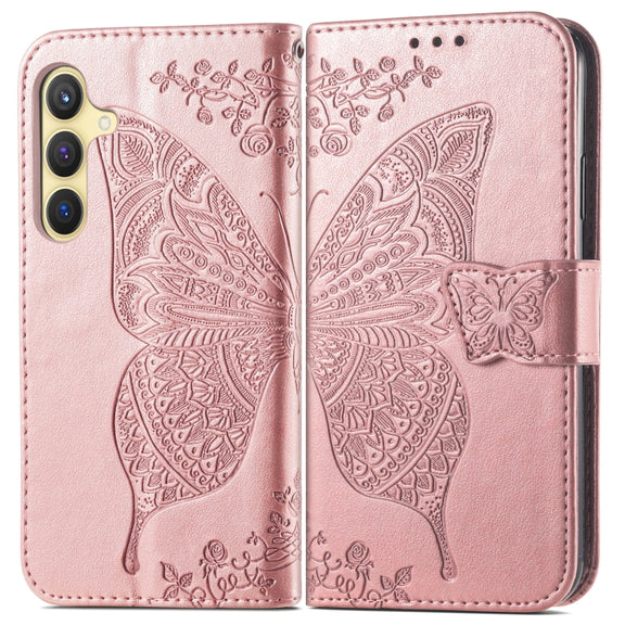 For Samsung Galaxy S25 5G Butterfly Love Flower Embossed Leather Phone Case(Rose Gold)