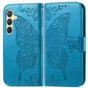 For Samsung Galaxy S25 5G Butterfly Love Flower Embossed Leather Phone Case(Blue)