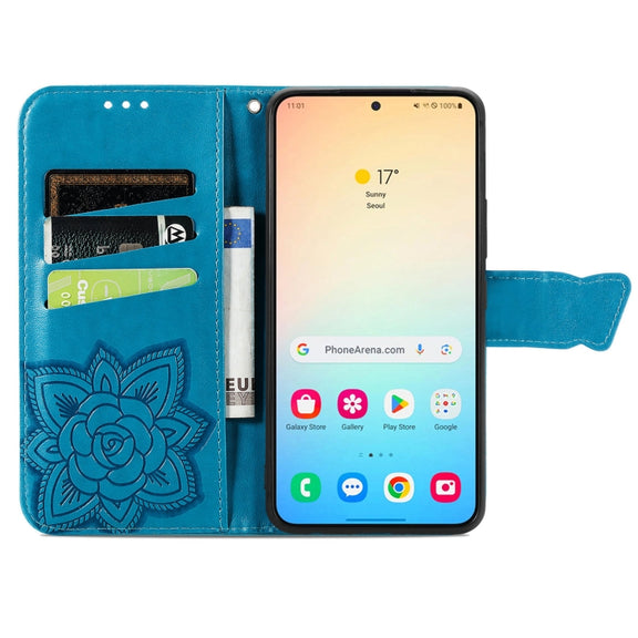 For Samsung Galaxy S25 5G Butterfly Love Flower Embossed Leather Phone Case(Blue)