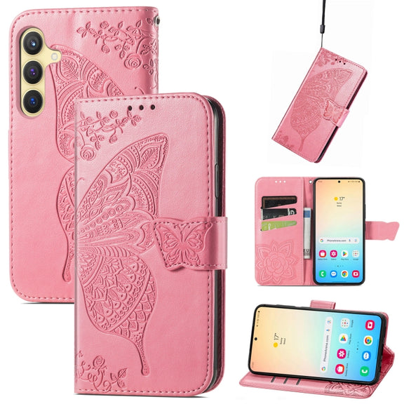 For Samsung Galaxy S25 5G Butterfly Love Flower Embossed Leather Phone Case(Pink)
