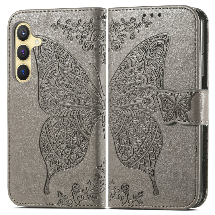 For Samsung Galaxy S25 5G Butterfly Love Flower Embossed Leather Phone Case(Gray)