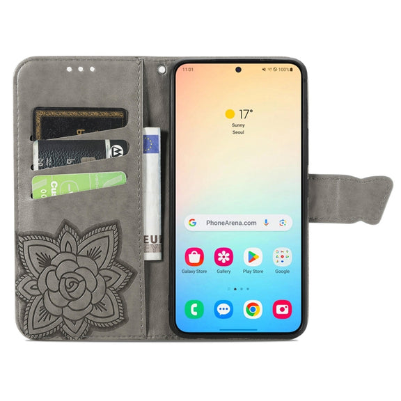 For Samsung Galaxy S25 5G Butterfly Love Flower Embossed Leather Phone Case(Gray)
