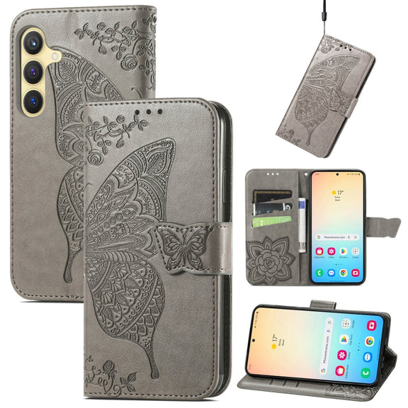 For Samsung Galaxy S25 5G Butterfly Love Flower Embossed Leather Phone Case(Gray)