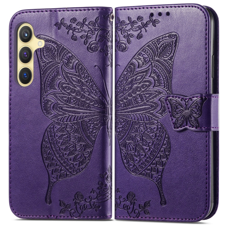 For Samsung Galaxy S25 5G Butterfly Love Flower Embossed Leather Phone Case(Dark Purple)