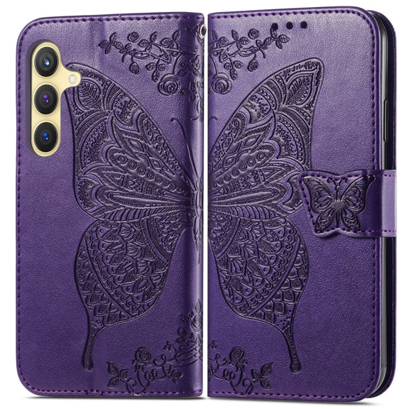 For Samsung Galaxy S25 5G Butterfly Love Flower Embossed Leather Phone Case(Dark Purple)