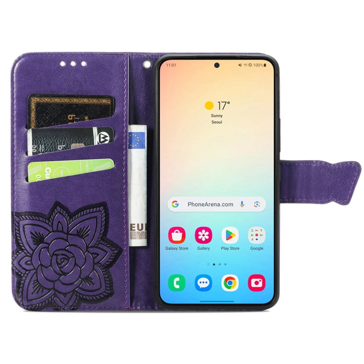 For Samsung Galaxy S25 5G Butterfly Love Flower Embossed Leather Phone Case(Dark Purple)