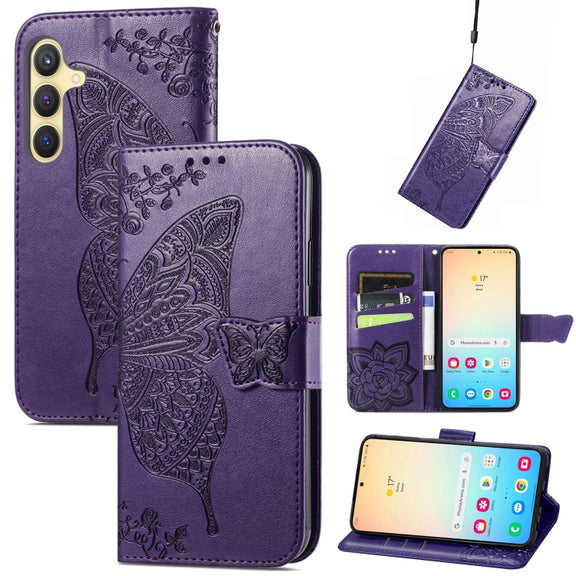 For Samsung Galaxy S25 5G Butterfly Love Flower Embossed Leather Phone Case(Dark Purple)