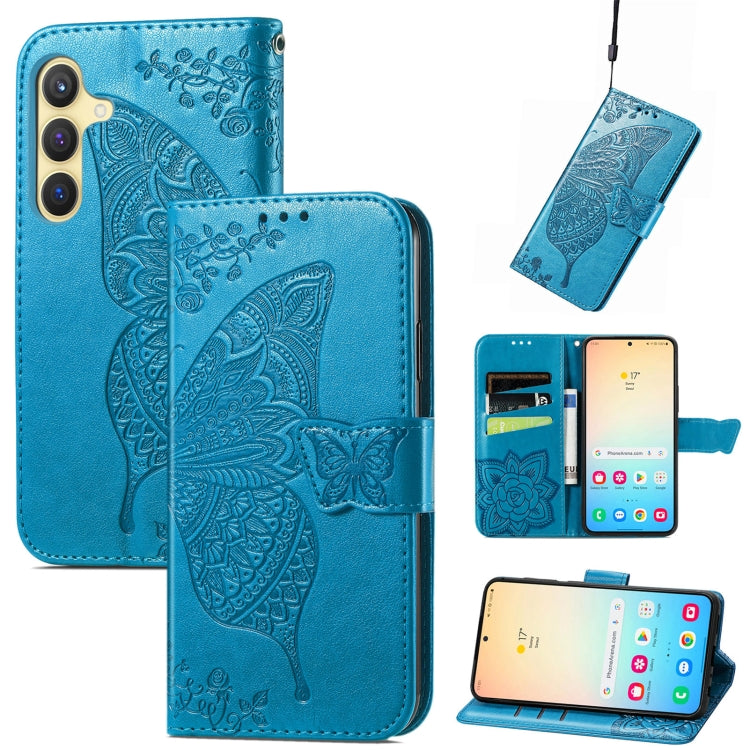 For Samsung Galaxy S25+ 5G Butterfly Love Flower Embossed Leather Phone Case(Blue)