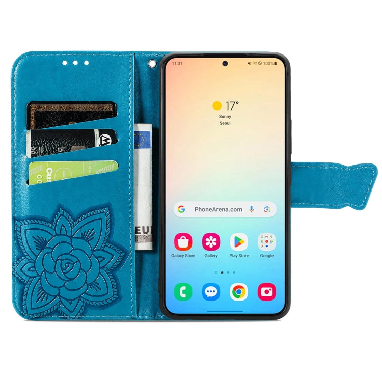 For Samsung Galaxy S25+ 5G Butterfly Love Flower Embossed Leather Phone Case(Blue)