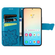 For Samsung Galaxy S25+ 5G Butterfly Love Flower Embossed Leather Phone Case(Blue)