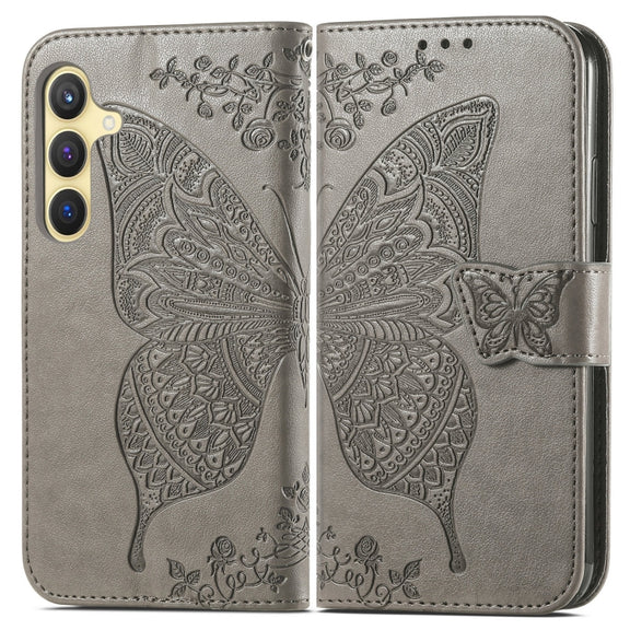 For Samsung Galaxy S25+ 5G Butterfly Love Flower Embossed Leather Phone Case(Gray)