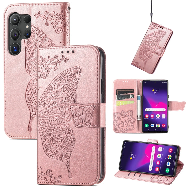 For Samsung Galaxy S25 Ultra 5G Butterfly Love Flower Embossed Leather Phone Case(Rose Gold)