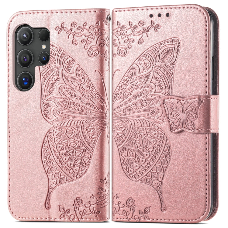 For Samsung Galaxy S25 Ultra 5G Butterfly Love Flower Embossed Leather Phone Case(Rose Gold)