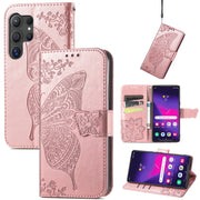 For Samsung Galaxy S25 Ultra 5G Butterfly Love Flower Embossed Leather Phone Case(Rose Gold)