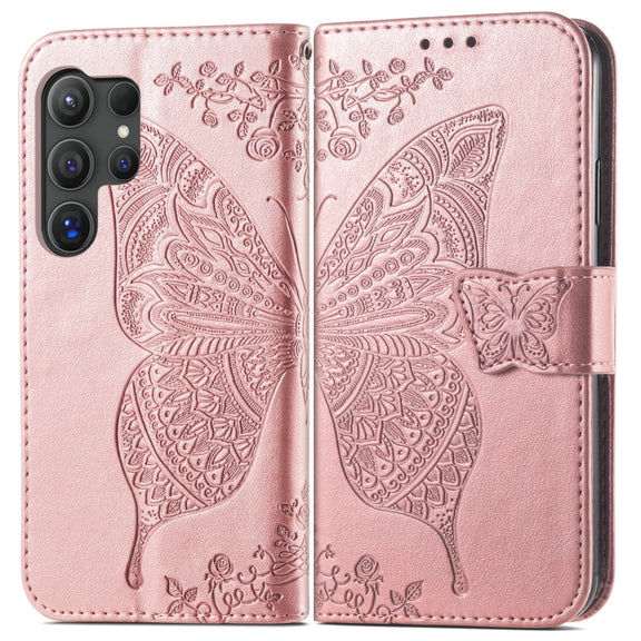 For Samsung Galaxy S25 Ultra 5G Butterfly Love Flower Embossed Leather Phone Case(Rose Gold)