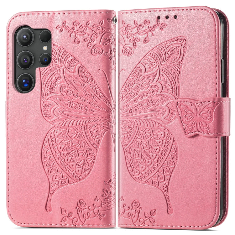 For Samsung Galaxy S25 Ultra 5G Butterfly Love Flower Embossed Leather Phone Case(Pink)