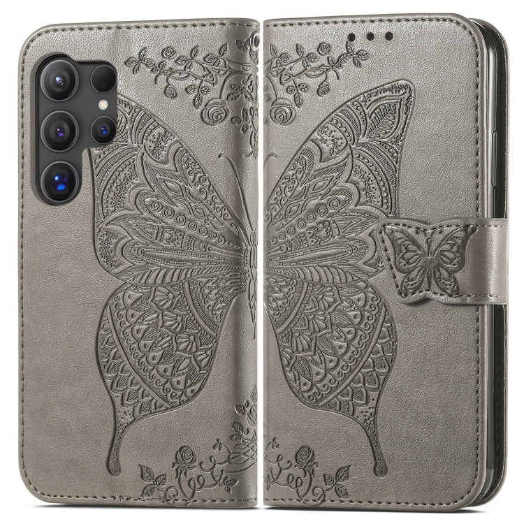 For Samsung Galaxy S25 Ultra 5G Butterfly Love Flower Embossed Leather Phone Case(Gray)
