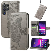 For Samsung Galaxy S25 Ultra 5G Butterfly Love Flower Embossed Leather Phone Case(Gray)