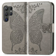 For Samsung Galaxy S25 Ultra 5G Butterfly Love Flower Embossed Leather Phone Case(Gray)