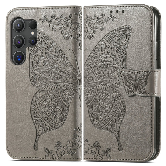 For Samsung Galaxy S25 Ultra 5G Butterfly Love Flower Embossed Leather Phone Case(Gray)