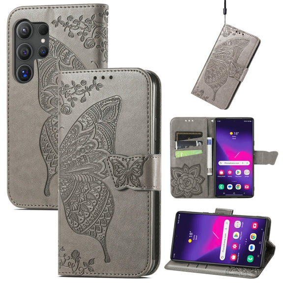For Samsung Galaxy S25 Ultra 5G Butterfly Love Flower Embossed Leather Phone Case(Gray)