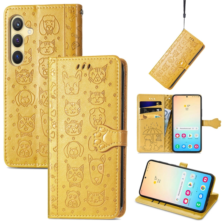 For Samsung Galaxy S25 5G Cat and Dog Embossed Leather Phone Case(Yellow)