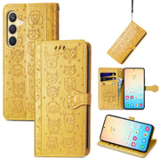 For Samsung Galaxy S25 5G Cat and Dog Embossed Leather Phone Case(Yellow)