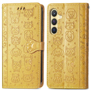 For Samsung Galaxy S25 5G Cat and Dog Embossed Leather Phone Case(Yellow)