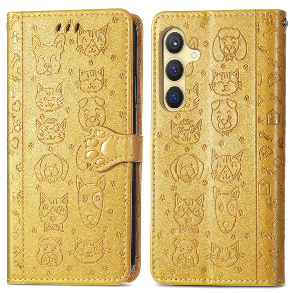 For Samsung Galaxy S25 5G Cat and Dog Embossed Leather Phone Case(Yellow)