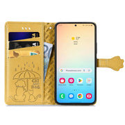 For Samsung Galaxy S25 5G Cat and Dog Embossed Leather Phone Case(Yellow)