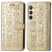For Samsung Galaxy S25 5G Cat and Dog Embossed Leather Phone Case(Gold)