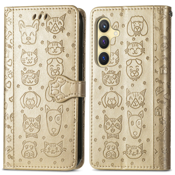 For Samsung Galaxy S25 5G Cat and Dog Embossed Leather Phone Case(Gold)