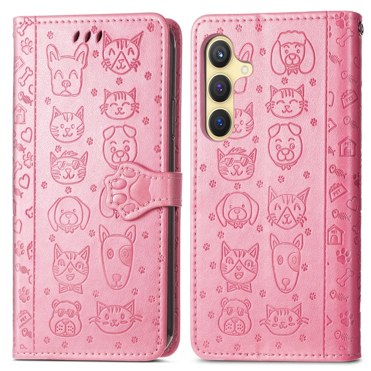 For Samsung Galaxy S25 5G Cat and Dog Embossed Leather Phone Case(Pink)