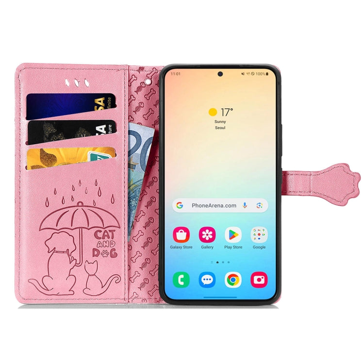 For Samsung Galaxy S25 5G Cat and Dog Embossed Leather Phone Case(Pink)