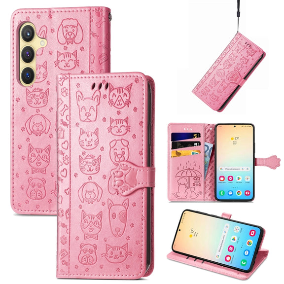 For Samsung Galaxy S25 5G Cat and Dog Embossed Leather Phone Case(Pink)