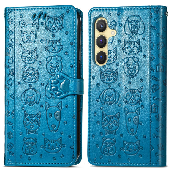 For Samsung Galaxy S25 5G Cat and Dog Embossed Leather Phone Case(Blue)