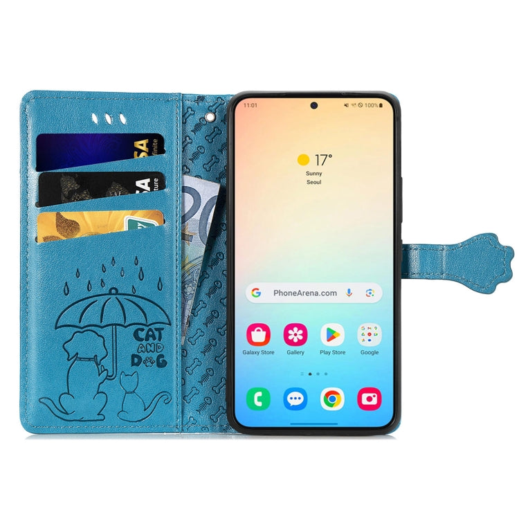 For Samsung Galaxy S25 5G Cat and Dog Embossed Leather Phone Case(Blue)