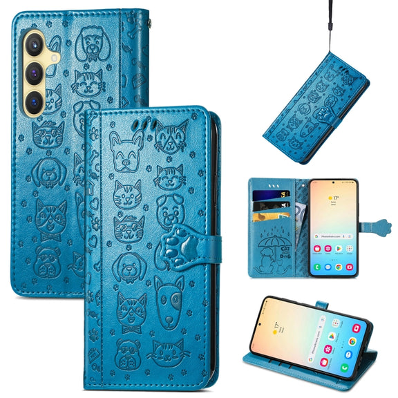For Samsung Galaxy S25 5G Cat and Dog Embossed Leather Phone Case(Blue)