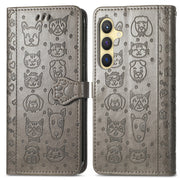 For Samsung Galaxy S25 5G Cat and Dog Embossed Leather Phone Case(Gray)