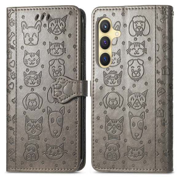 For Samsung Galaxy S25 5G Cat and Dog Embossed Leather Phone Case(Gray)
