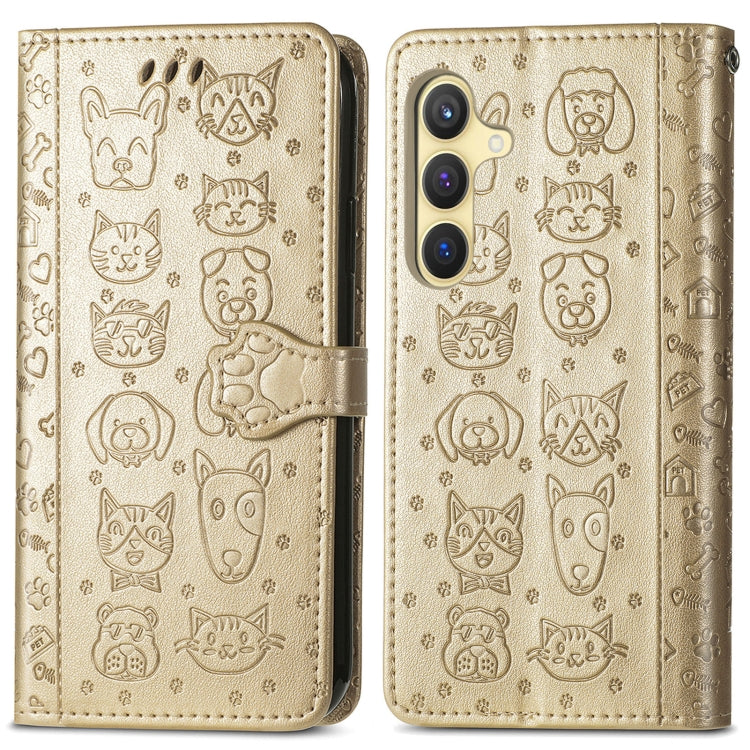 For Samsung Galaxy S25+ 5G Cat and Dog Embossed Leather Phone Case(Gold)